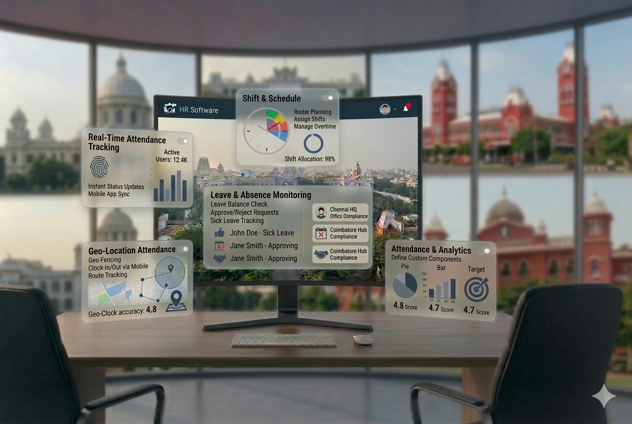 Attendance management software dashboard for shifts, check-ins, overtime, and workforce tracking