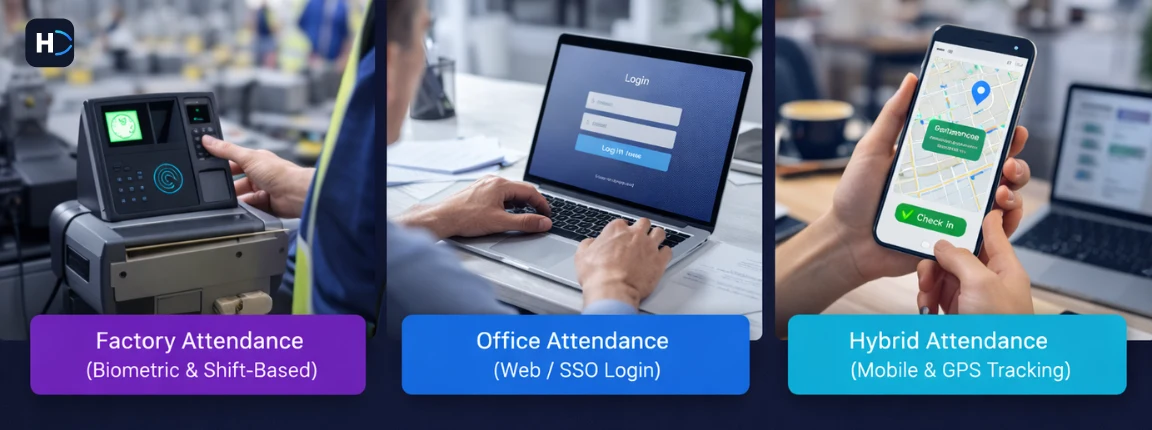 Factory biometric attendance, office web login, and hybrid GPS mobile attendance