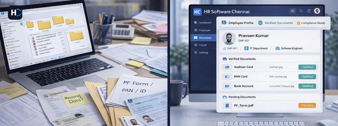 Scattered missing employee documents versus HR Software Chennai verified employee profile
