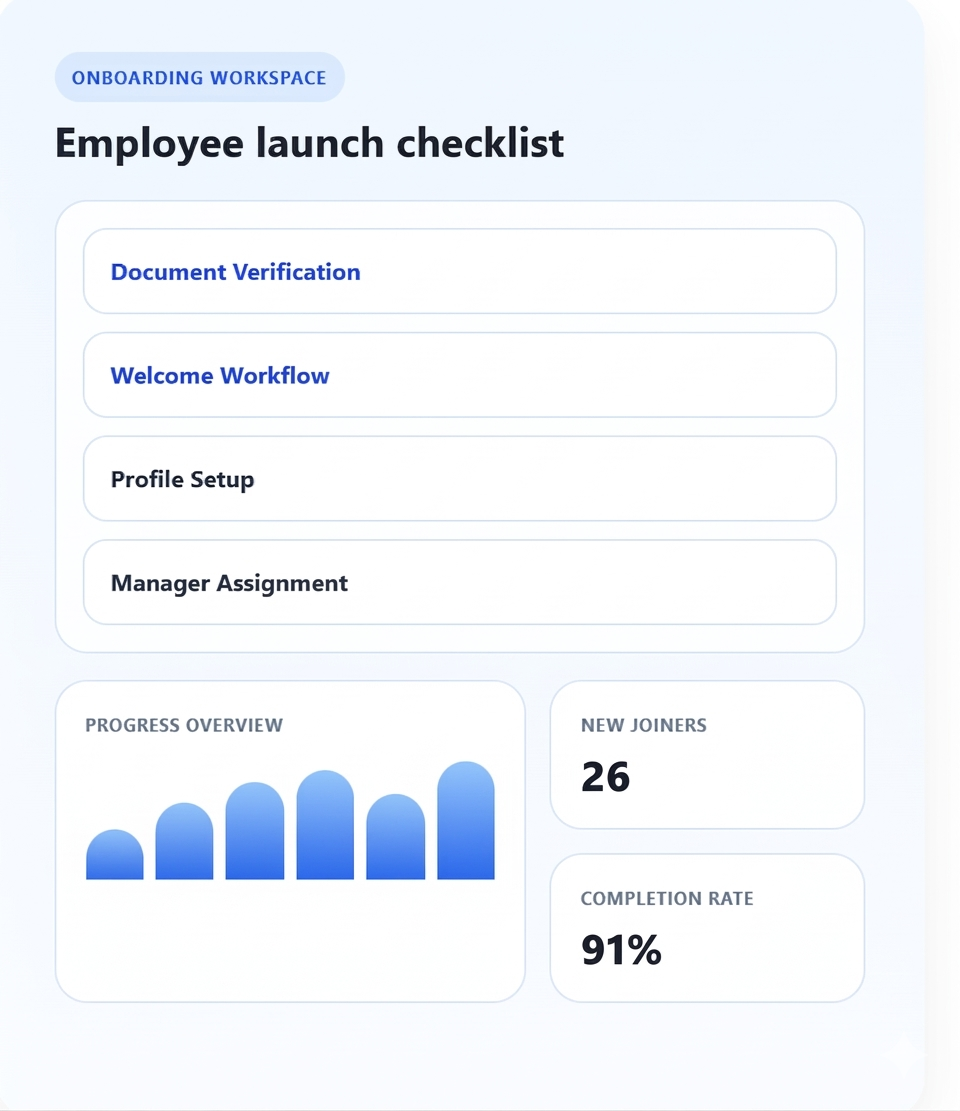 Employee onboarding workflow dashboard for HR software in Chennai