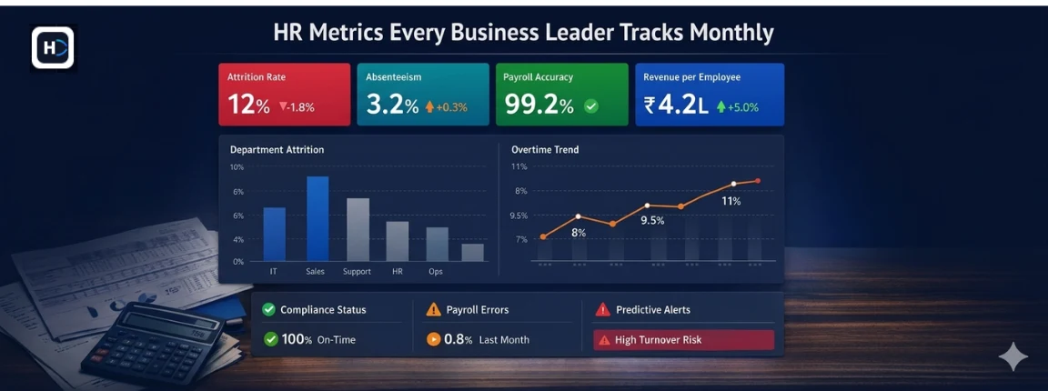HR metrics dashboard showing attrition, absenteeism, payroll accuracy and revenue per employee