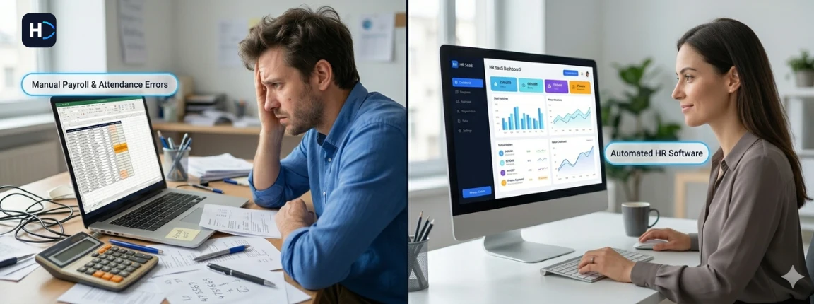 Manual payroll errors versus automated HR software dashboard