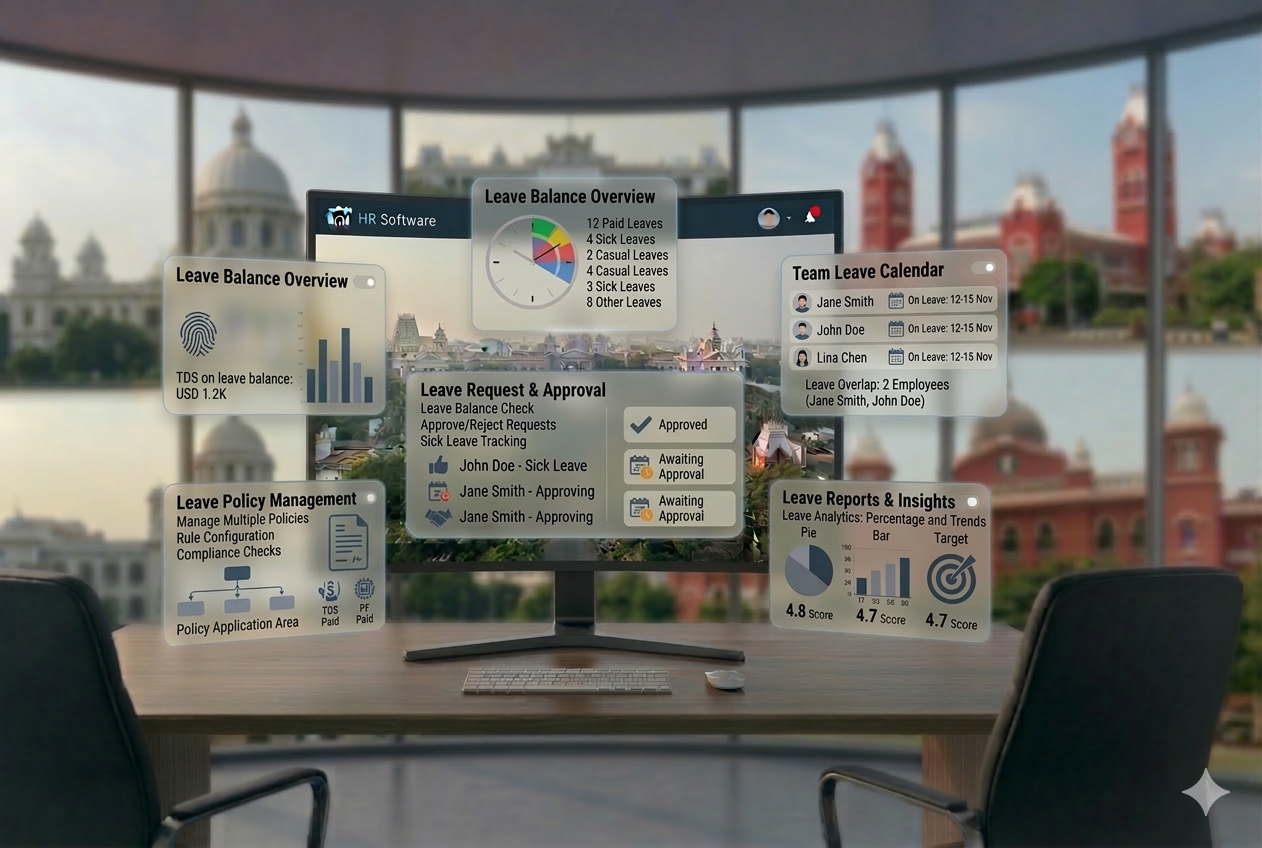 Leave management software dashboard for policies, approvals, balances, and holiday tracking