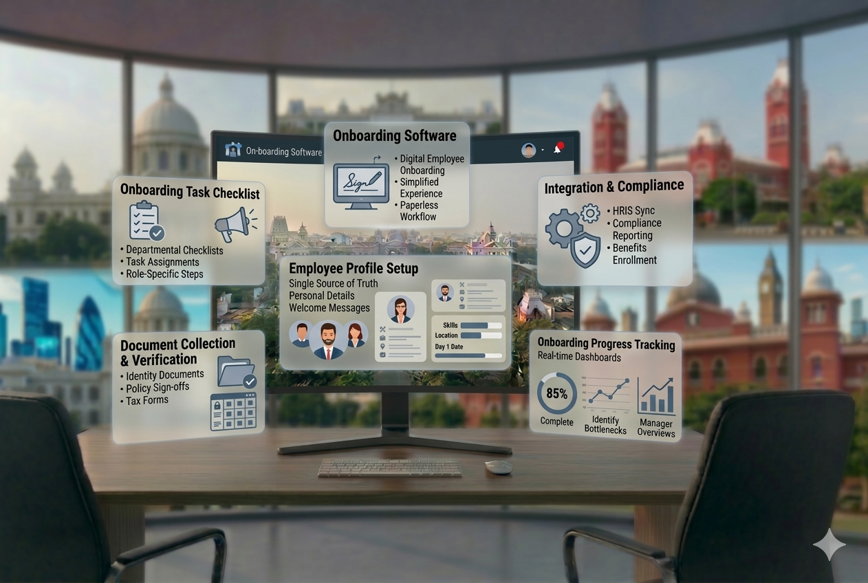 Onboarding software dashboard for employee joining, document verification, assets, and day-one readiness