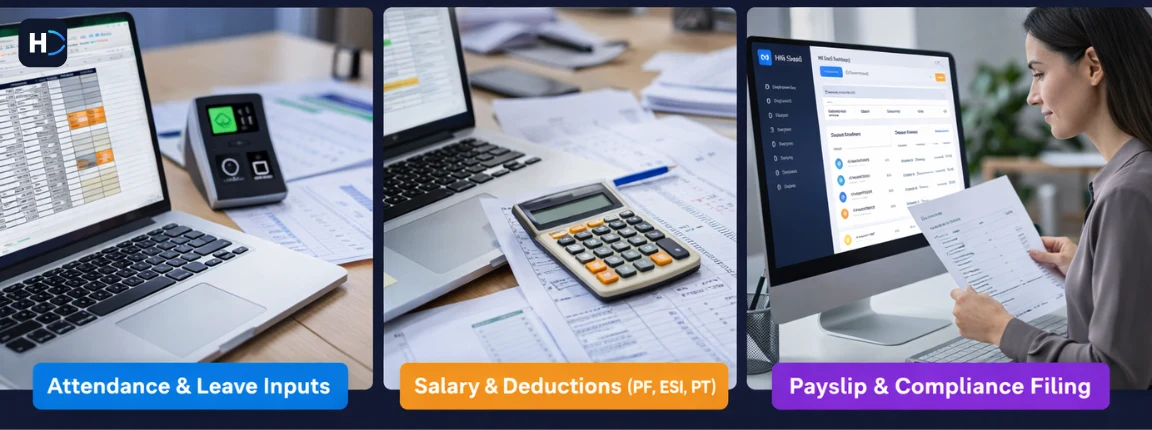 Attendance and leave inputs, salary and deductions, payslip and compliance filing