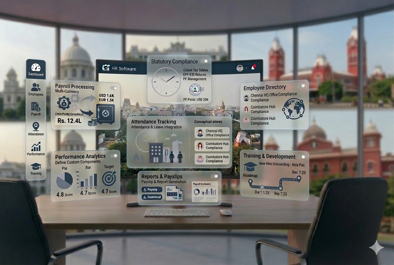 Payroll software dashboard for salary processing, deductions, compliance, and payouts