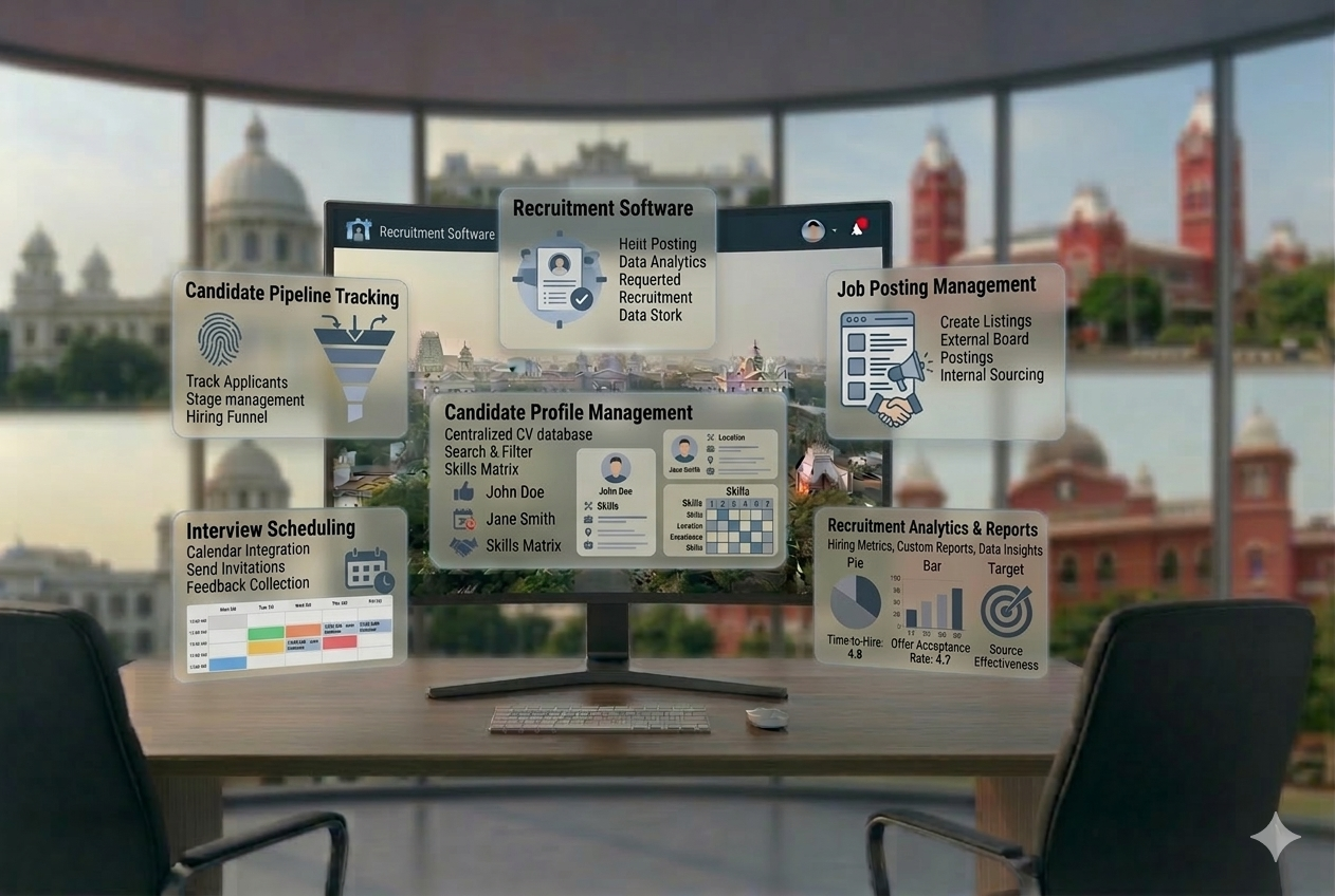 Recruitment management software dashboard for requisitions, candidate pipelines, interviews, and offers
