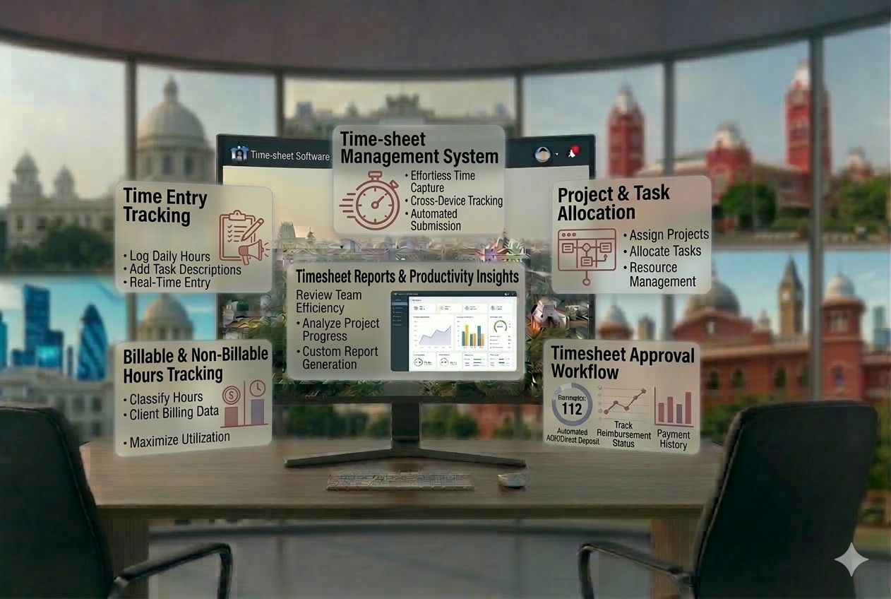 Timesheet management software visual showing time entry tracking, project and task allocation, billable hours tracking, reports, and approval workflows
