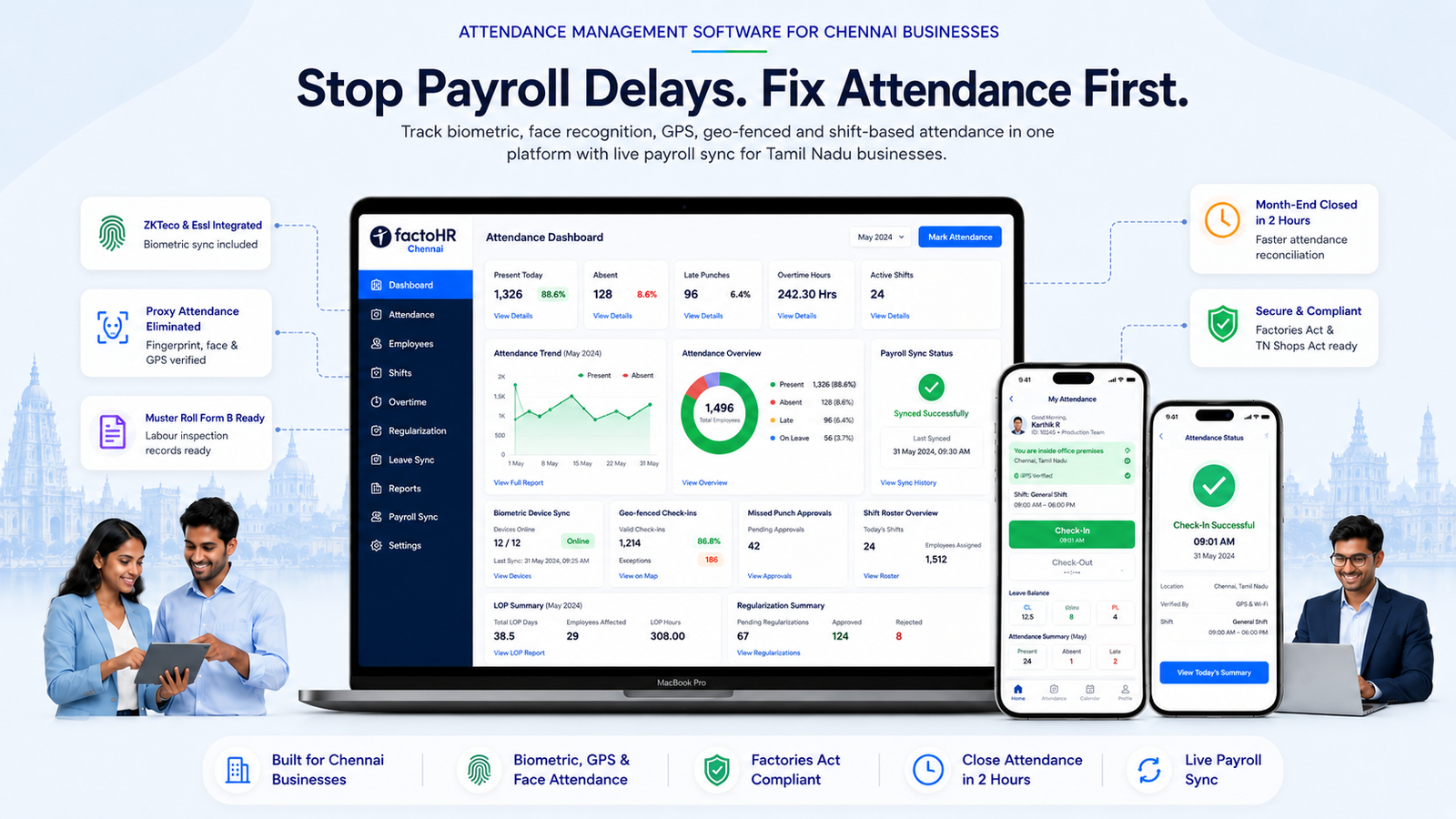 Attendance management software dashboard for shifts, check-ins, overtime, and workforce tracking