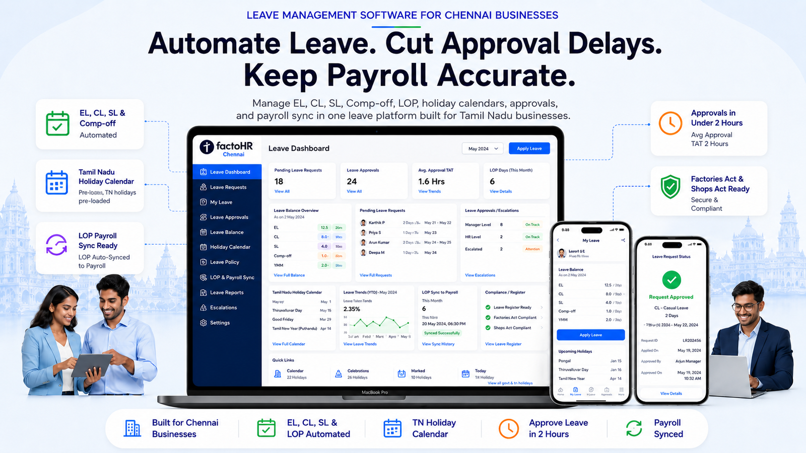Leave management software dashboard for policies, approvals, balances, and holiday tracking