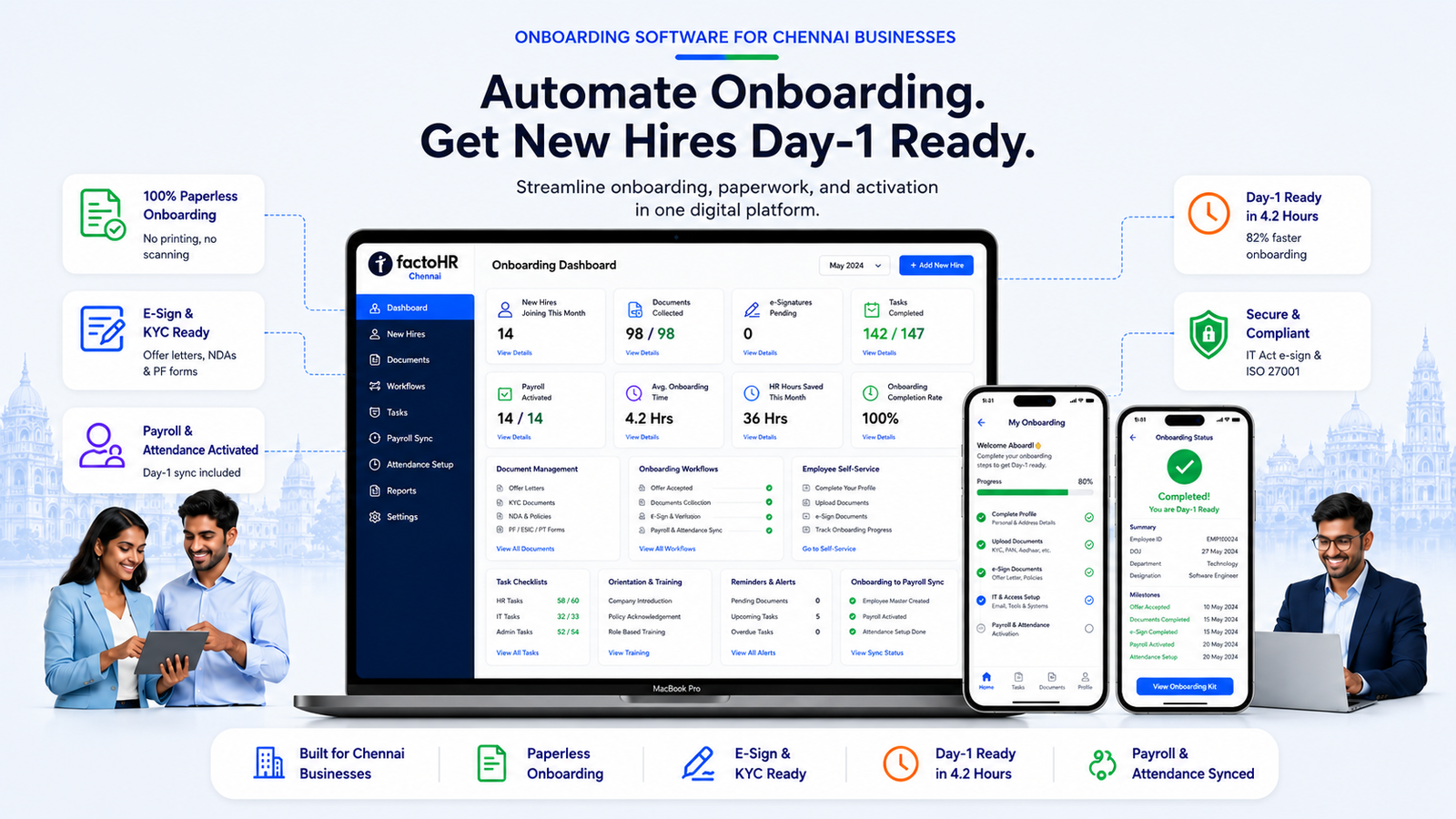 Onboarding software dashboard for employee joining, document verification, assets, and day-one readiness