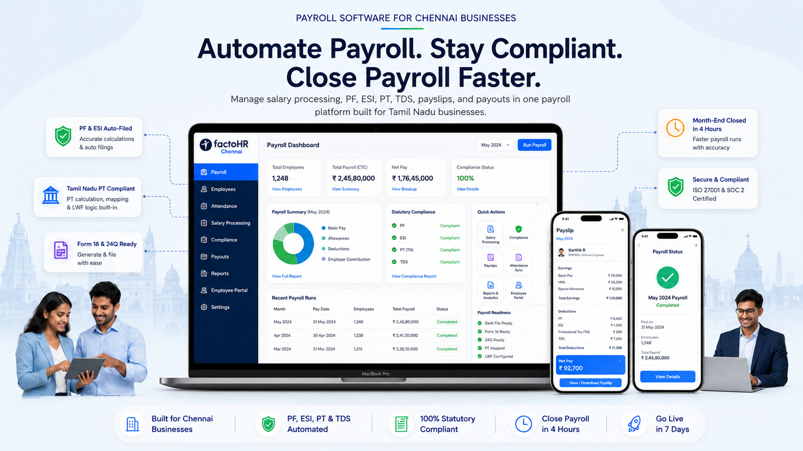 Payroll software dashboard for salary processing, deductions, compliance, and payouts
