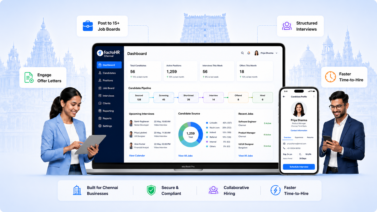 Recruitment management software dashboard for requisitions, candidate pipelines, interviews, and offers