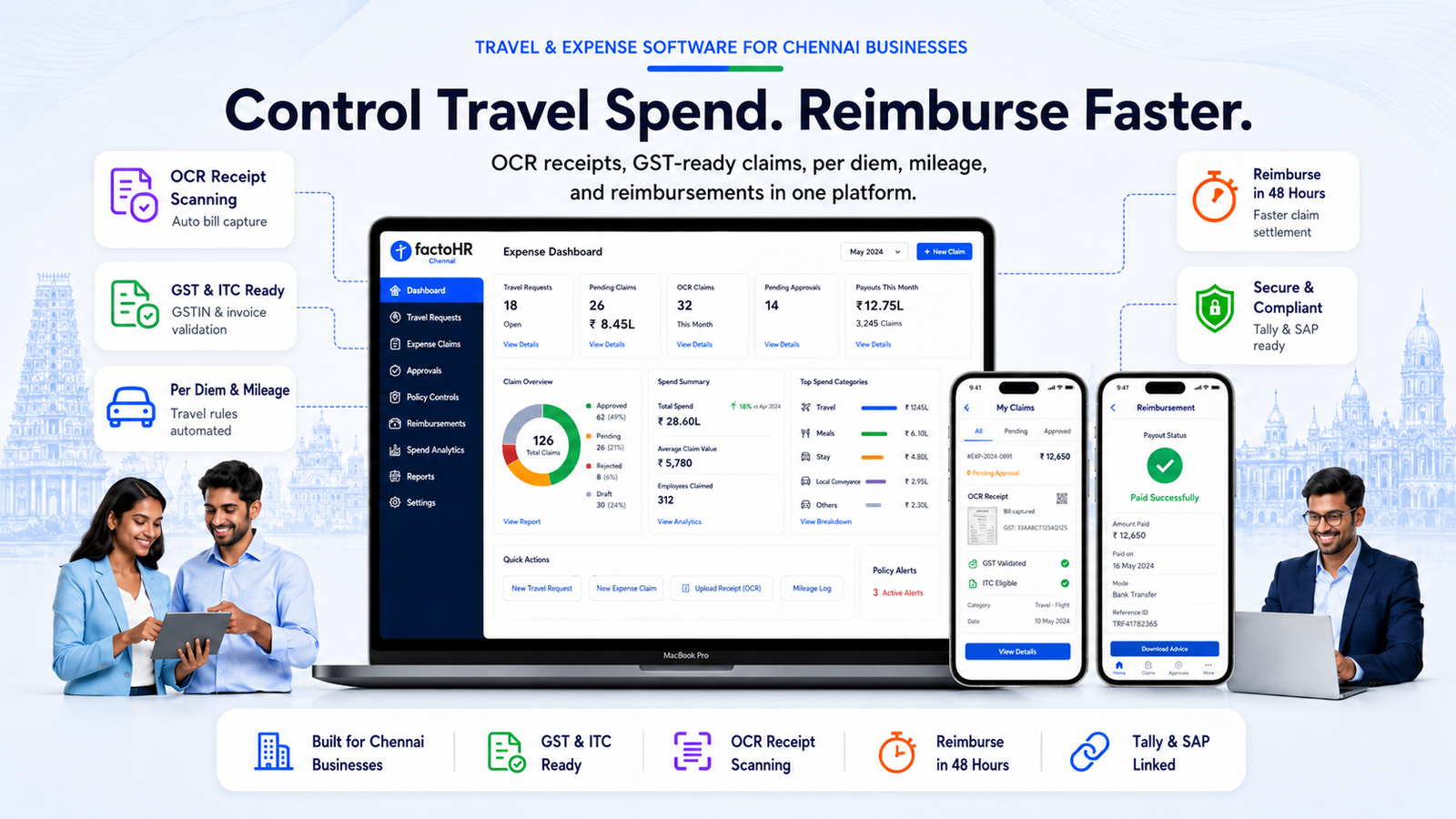 Travel and expense management software dashboard for travel requests, claim approvals, reimbursements, and spend visibility