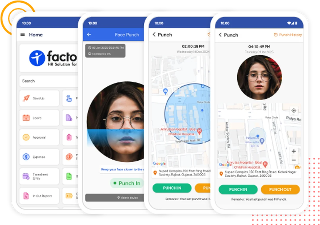 factoHR mobile attendance app: selfie face punch-in, GPS geo-fenced punch on map, shift roster and a live employee attendance summary dashboard