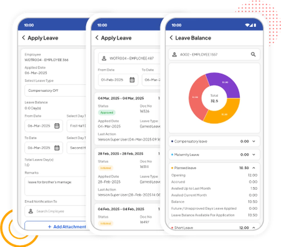 factoHR leave management mobile app: apply leave, leave history and leave balance screens on phone