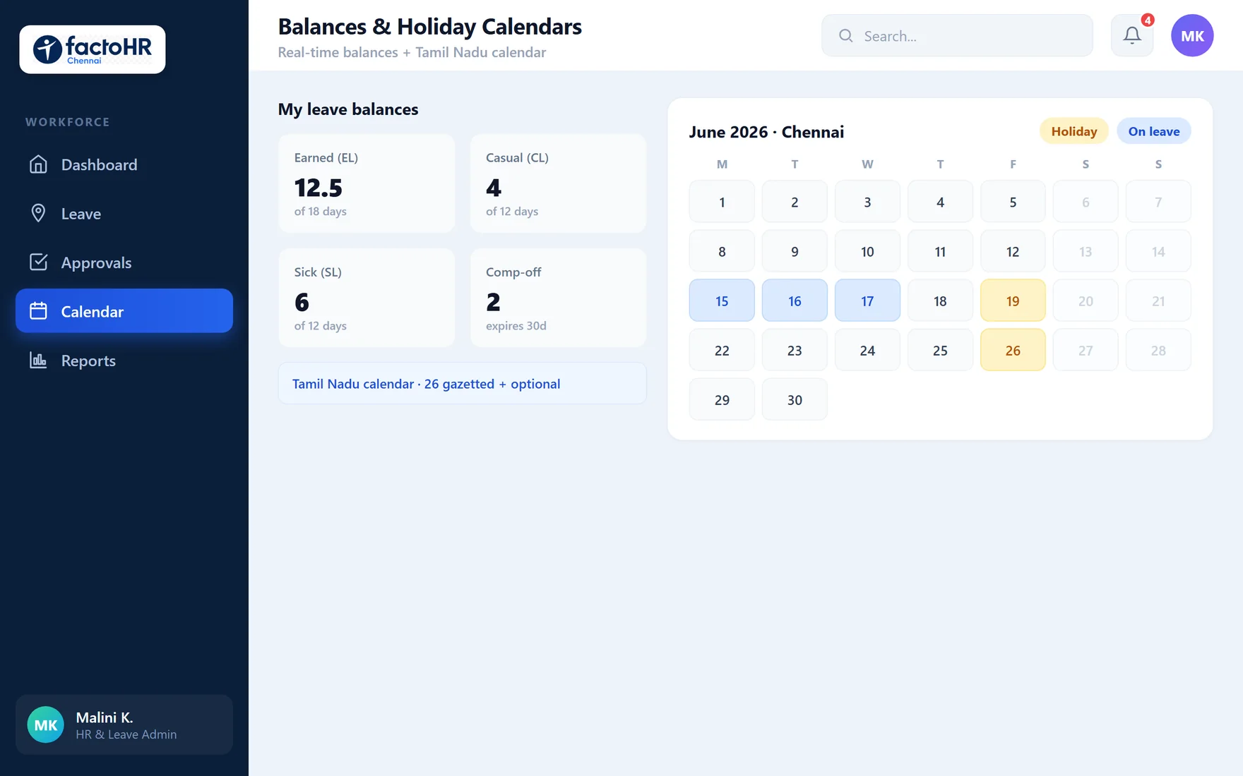 Leave balances and Tamil Nadu holiday calendar view for June 2026