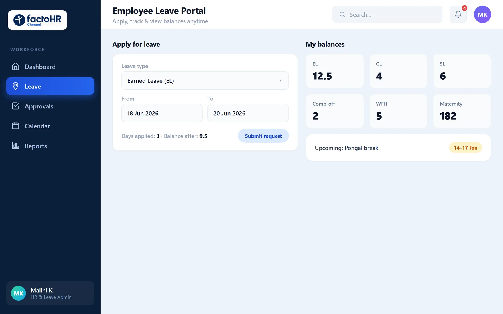 Employee leave self-service portal to apply for leave and view balances