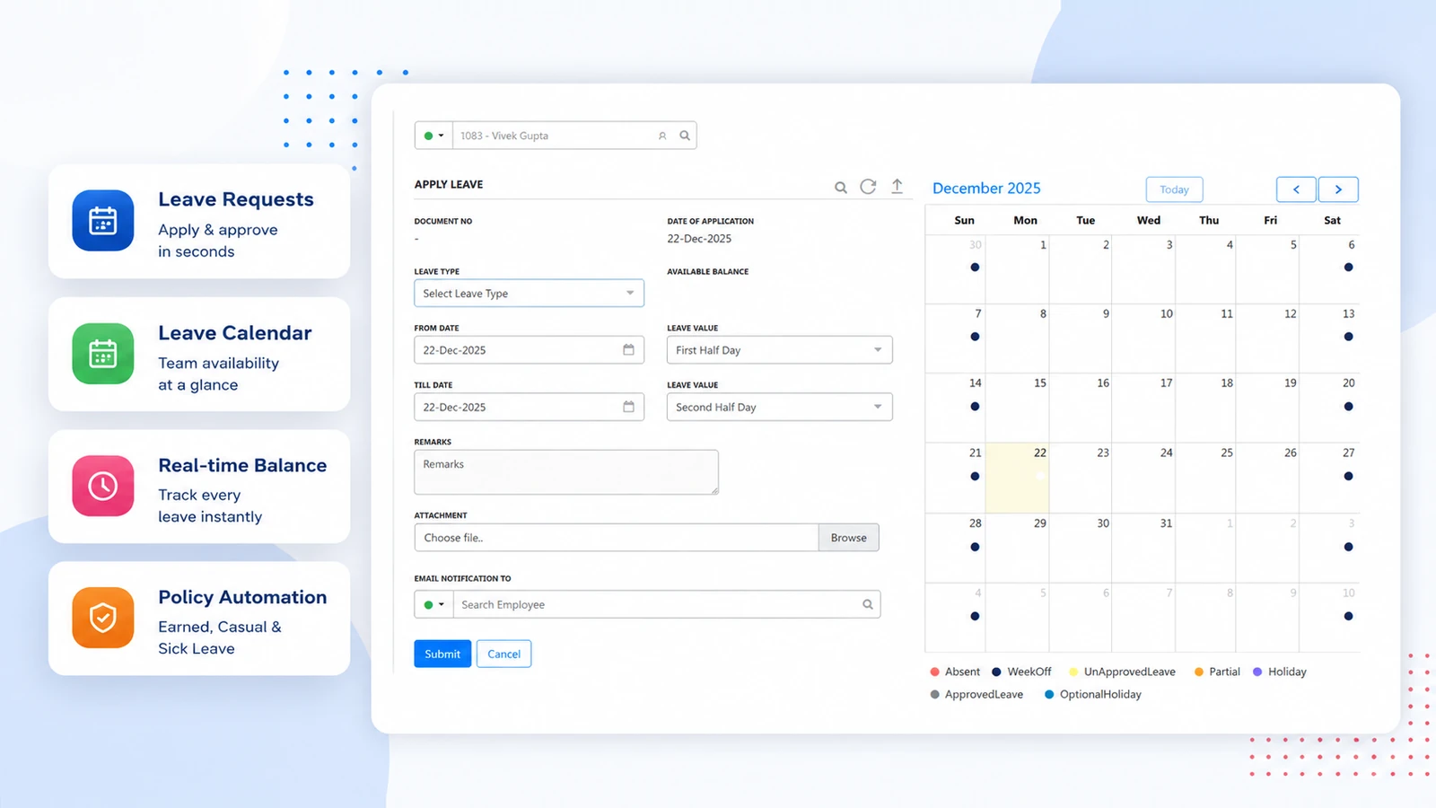 Leave management software dashboard for policies, approvals, balances, and holiday tracking