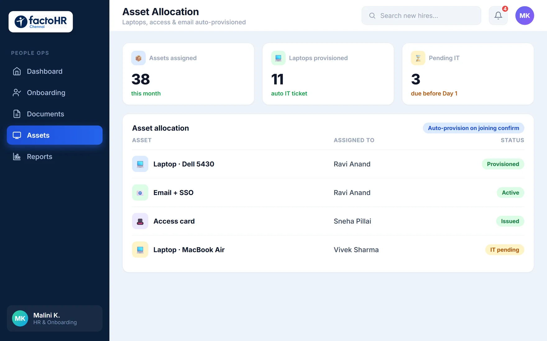 Onboarding asset allocation dashboard provisioning laptops, email and access for new hires