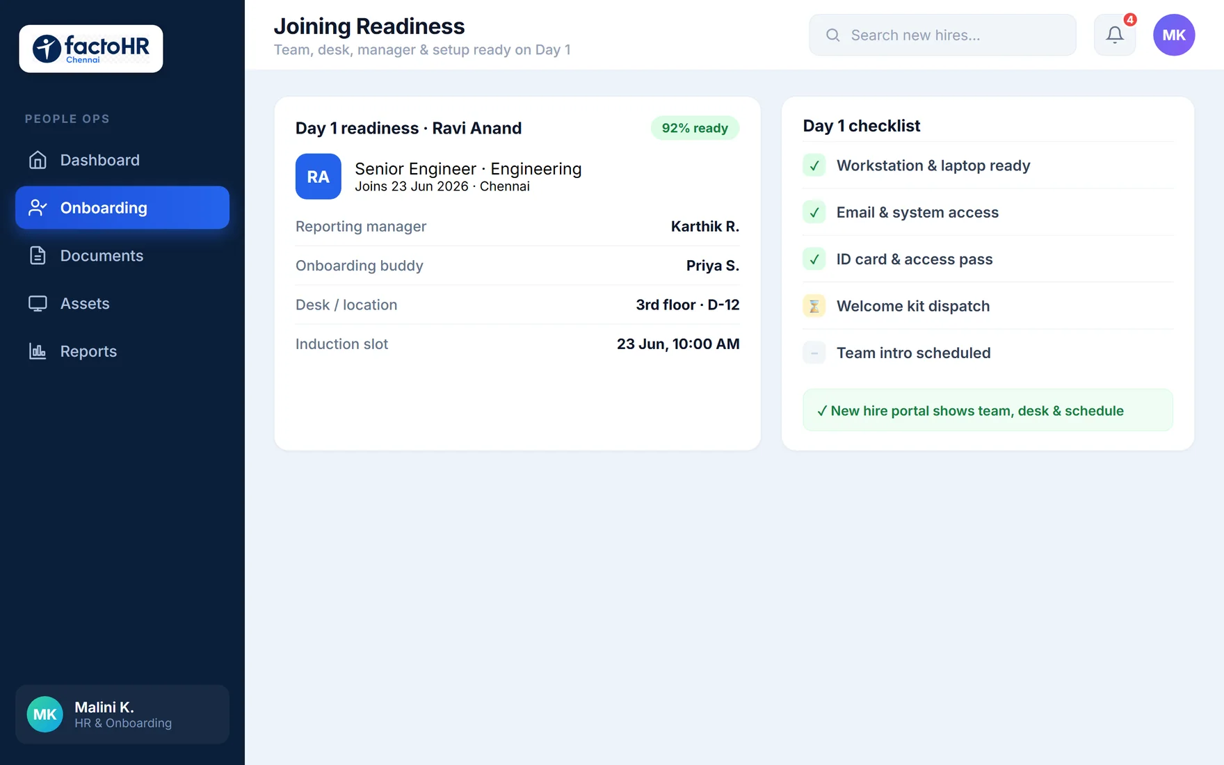 Day 1 joining readiness dashboard with team, desk, manager and checklist