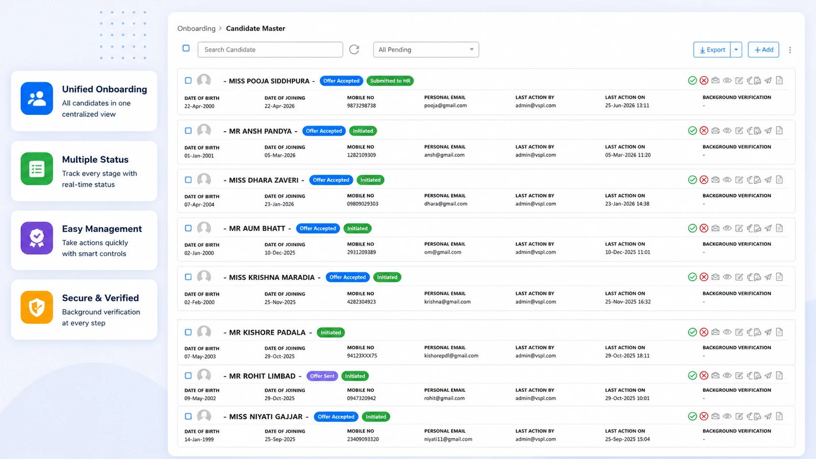 Onboarding software dashboard for employee joining, document verification, assets, and day-one readiness