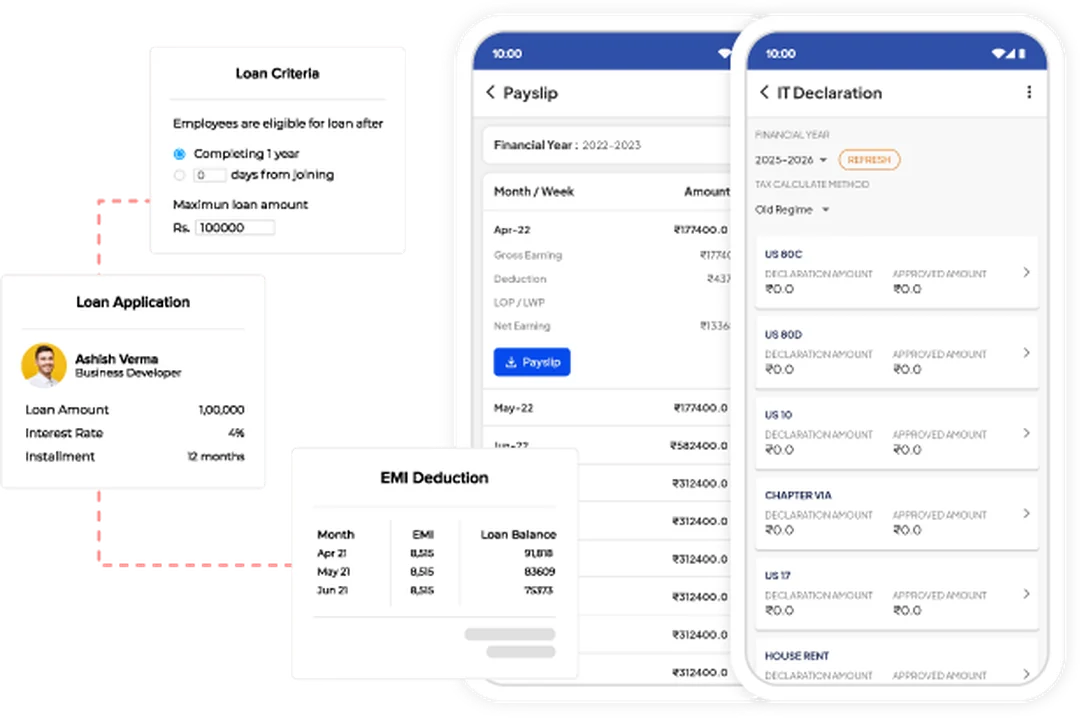 factoHR payroll mobile app: employee payslip and IT declaration screens with loan, EMI and salary self-service