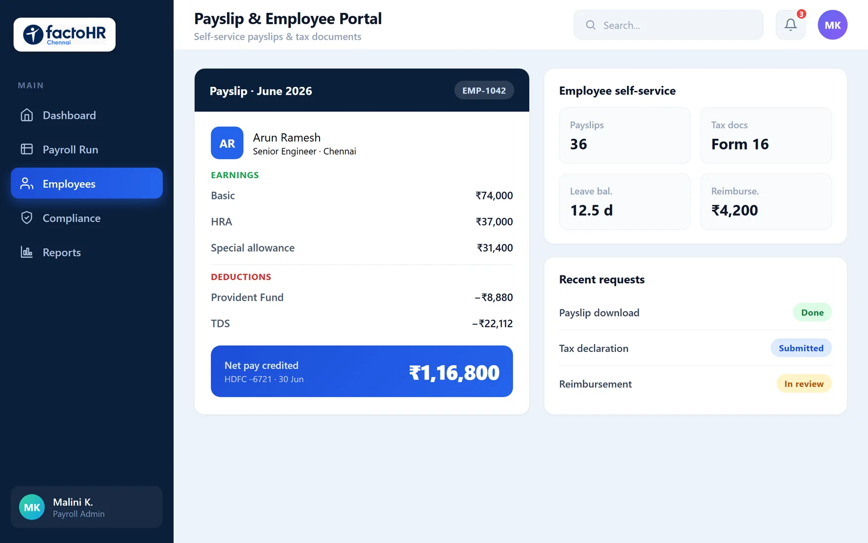Employee self-service portal showing a June 2026 payslip with earnings, deductions and net pay