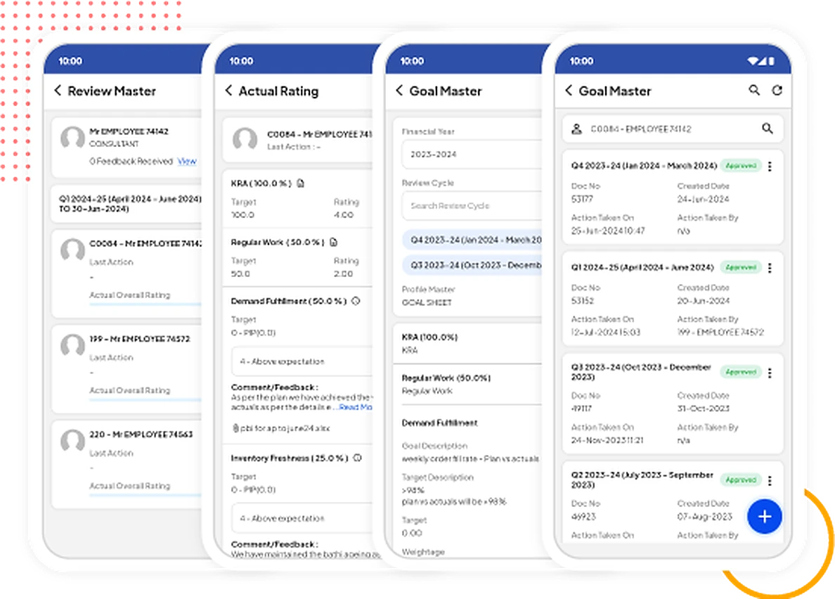 Performance management mobile app screens: dashboard, goal master with KRA weightage, actual rating breakdown and review master