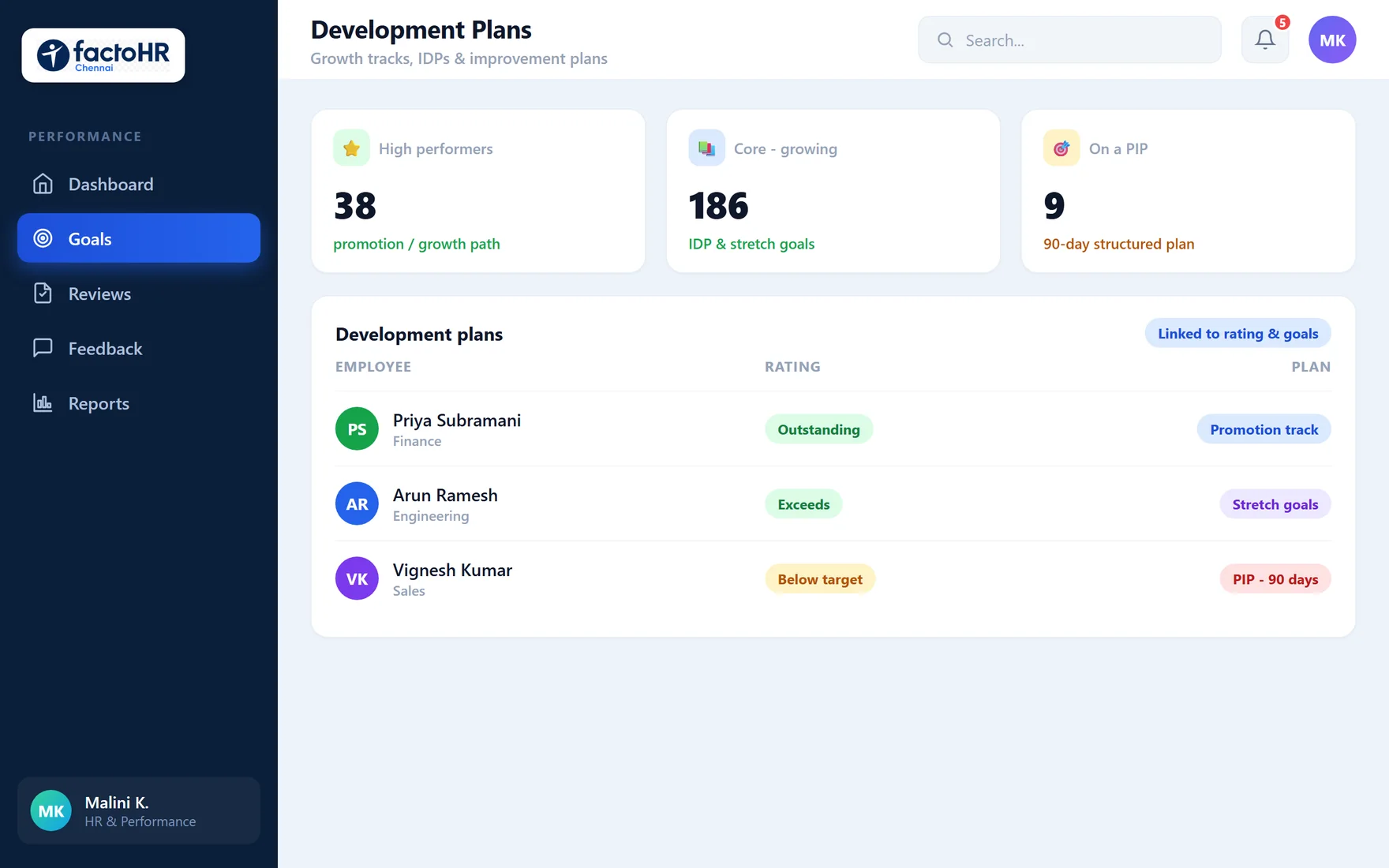 Development plans dashboard with growth tracks and performance improvement plans