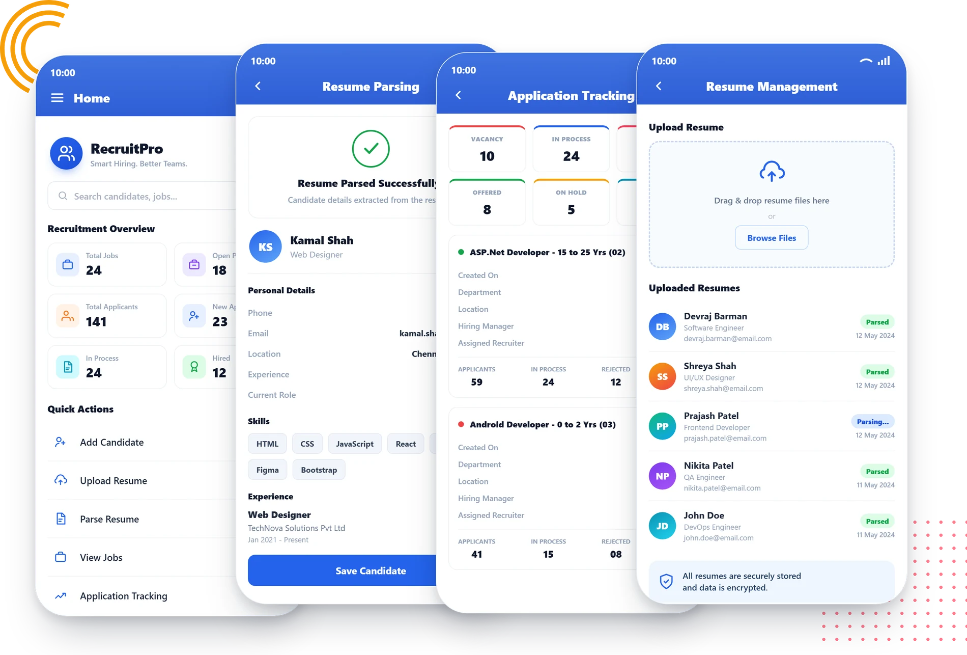 factoHR recruitment app: application tracking dashboard with vacancy, screening, interview and offer pipeline