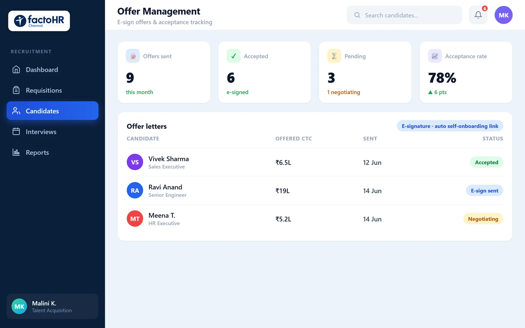 Offer management dashboard with e-signature offer letters and acceptance tracking