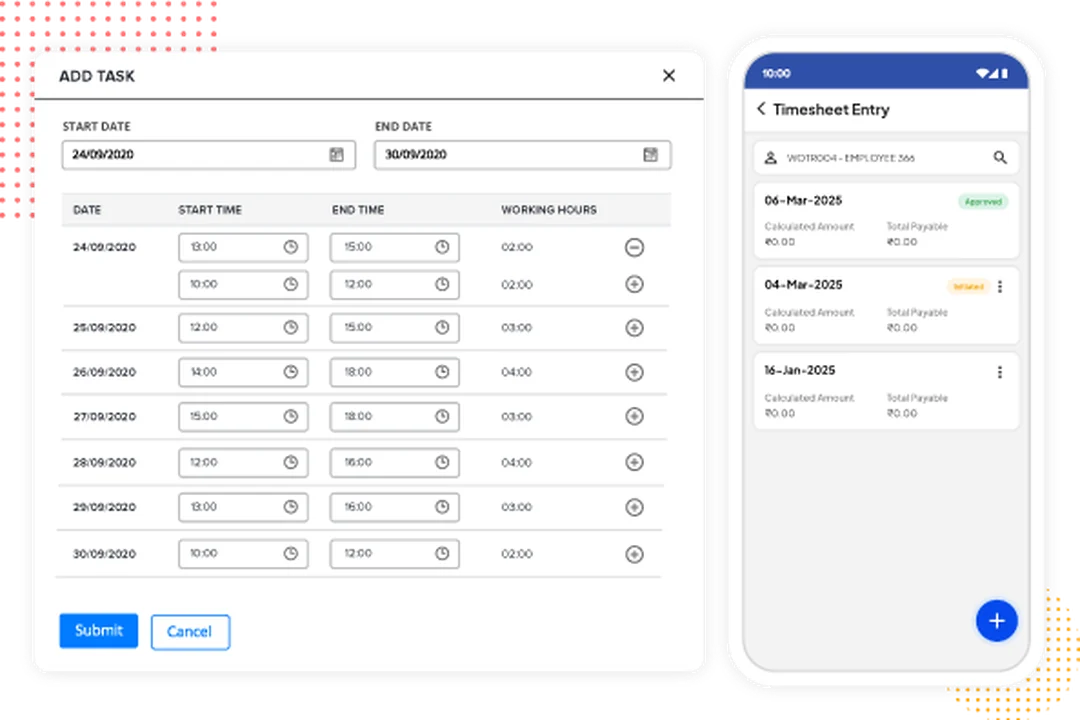 factoHR timesheet app: desktop add-task time entry form and the mobile Timesheet Entry screen with working hours and approvals