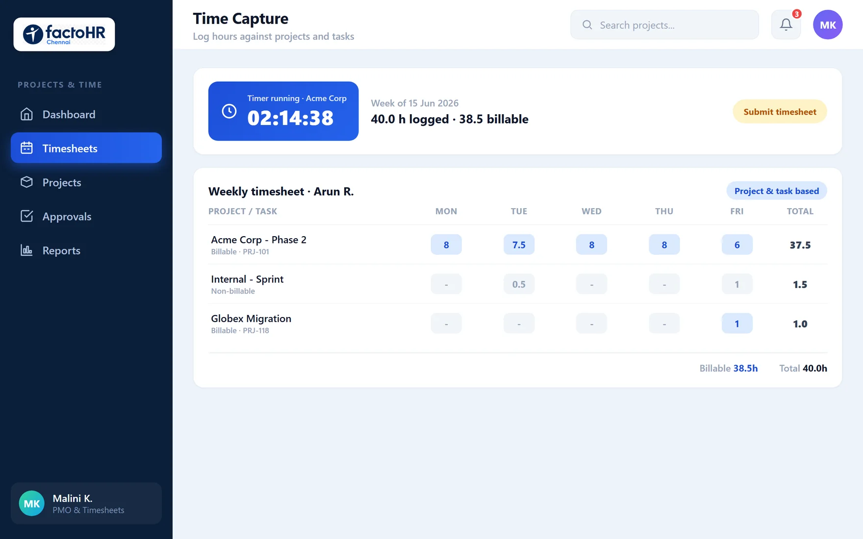 Timesheet time capture dashboard with weekly grid logging hours against projects