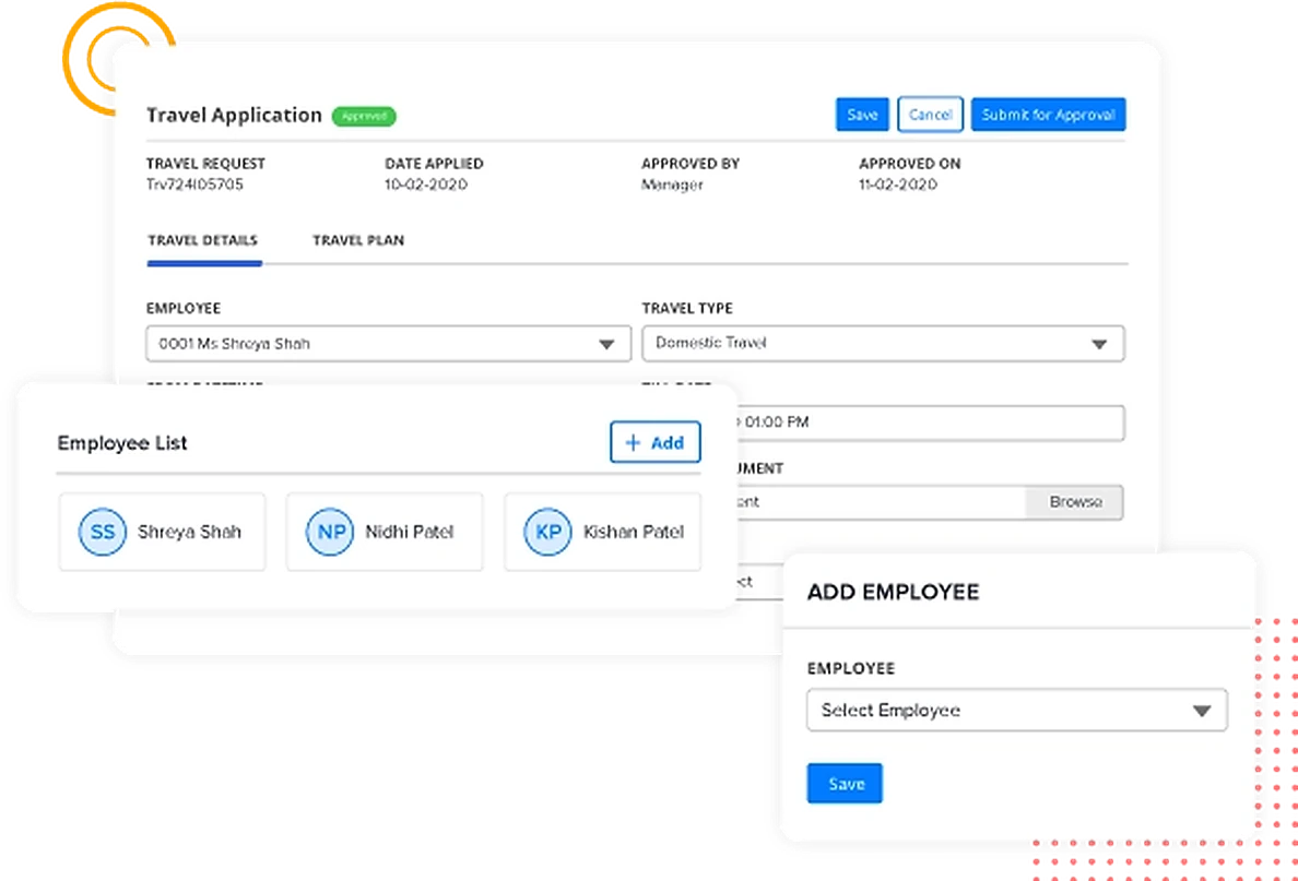 factoHR travel and expense mobile app: travel application with group travel employees and approval