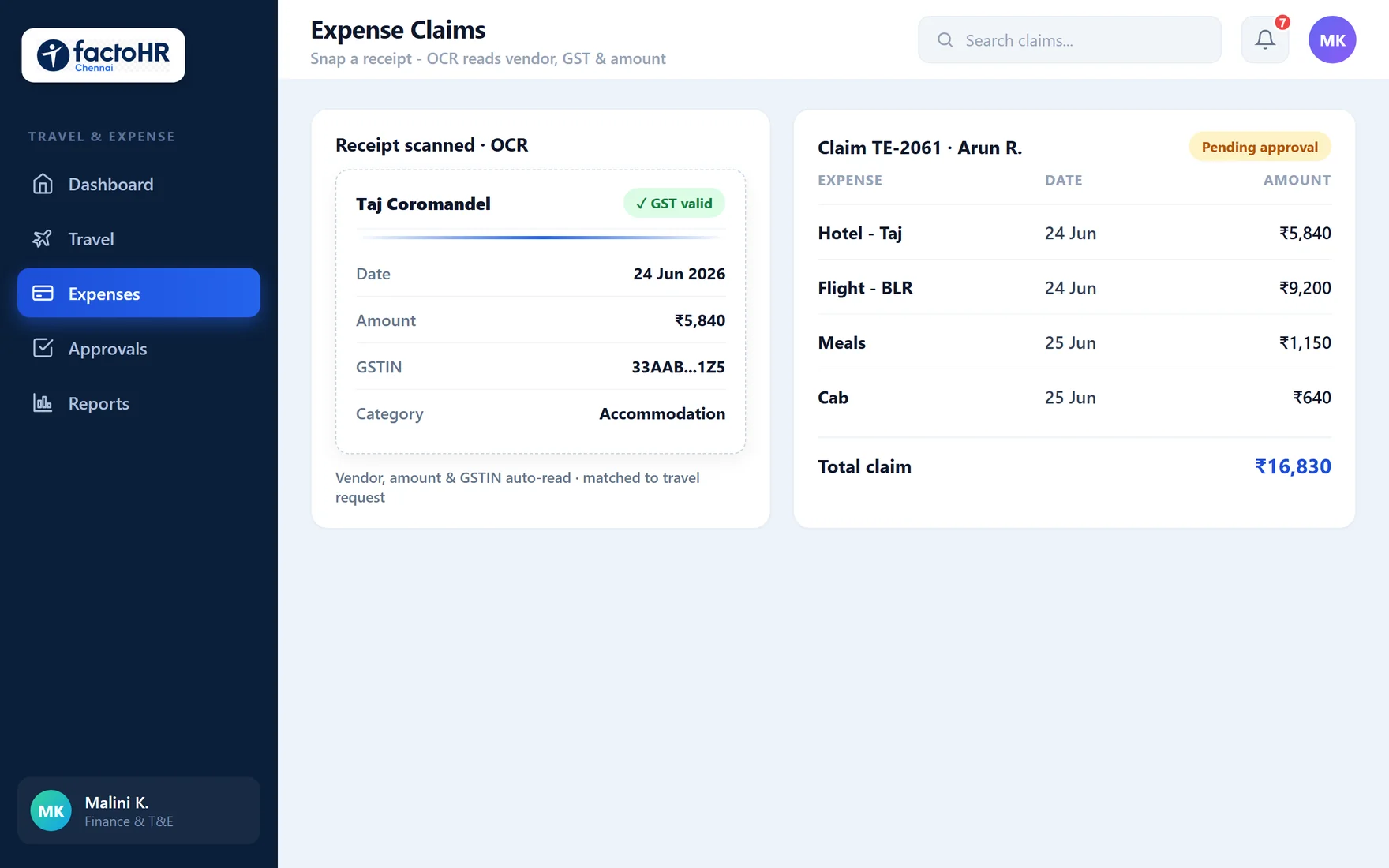 Expense claim dashboard with OCR receipt scanning reading vendor, GST and amount